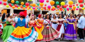 Dancers in traditional costumes at a colorful festival.