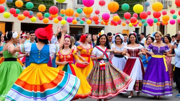 Dancers in traditional costumes at a colorful festival.