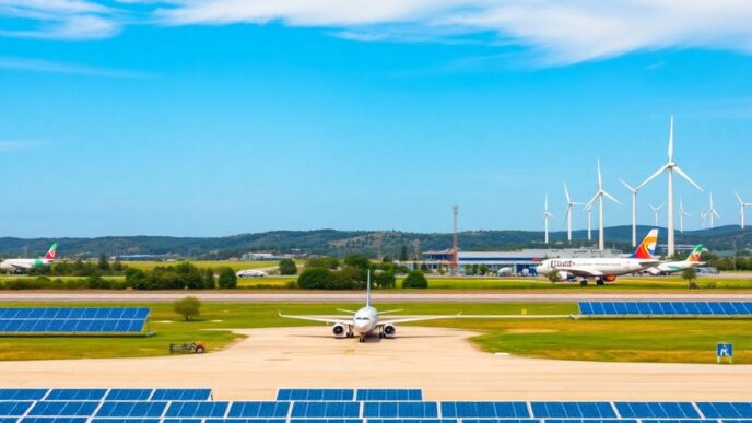 Portuguese airport with planes, solar panels, and wind turbines.