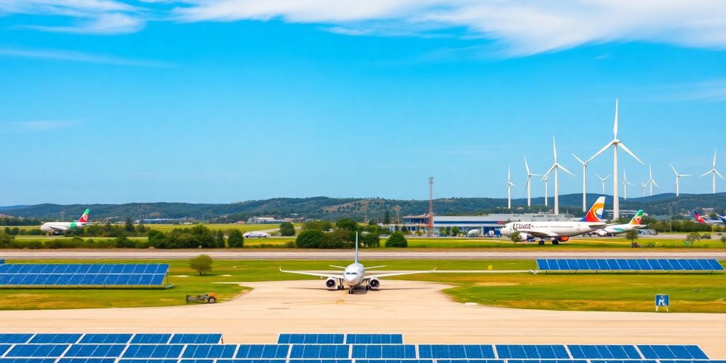 Portuguese airport with planes, solar panels, and wind turbines.