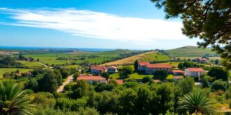 Rustic landscape in Albufeira with greenery and hills.