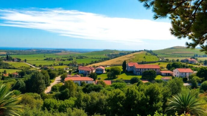 Rustic landscape in Albufeira with greenery and hills.