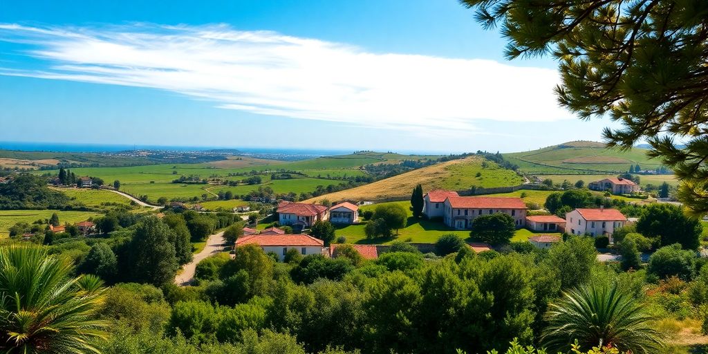 Rustic landscape in Albufeira with greenery and hills.