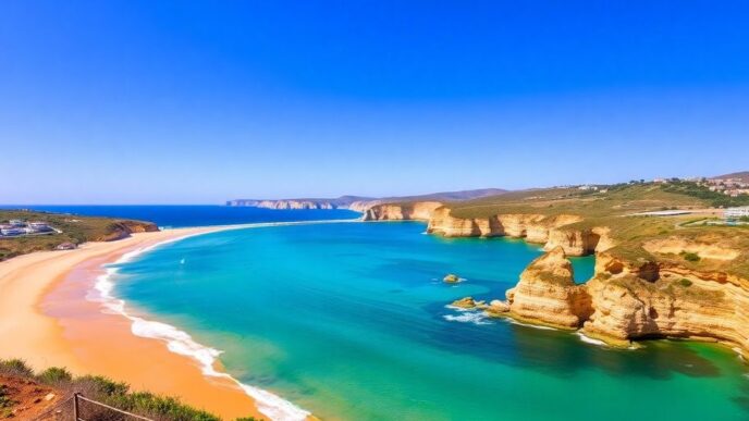 Golden sandy beach with clear blue water in Portugal.