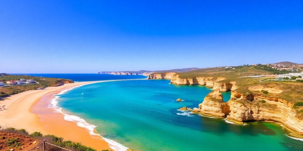 Golden sandy beach with clear blue water in Portugal.