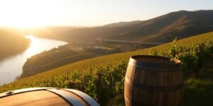 Douro Valley vineyards at sunset with wine barrel.