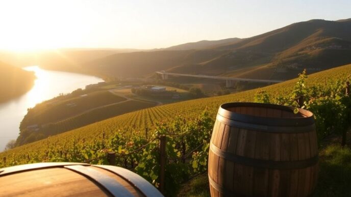 Douro Valley vineyards at sunset with wine barrel.