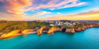 Algarve coastline with cliffs, beach, and sunset sky.