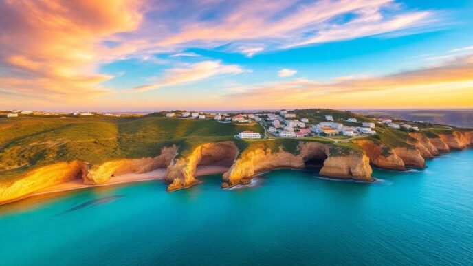 Algarve coastline with cliffs, beach, and sunset sky.