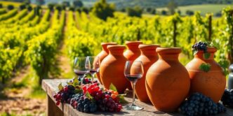 Clay amphorae and grapes in Alentejo vineyard setting.