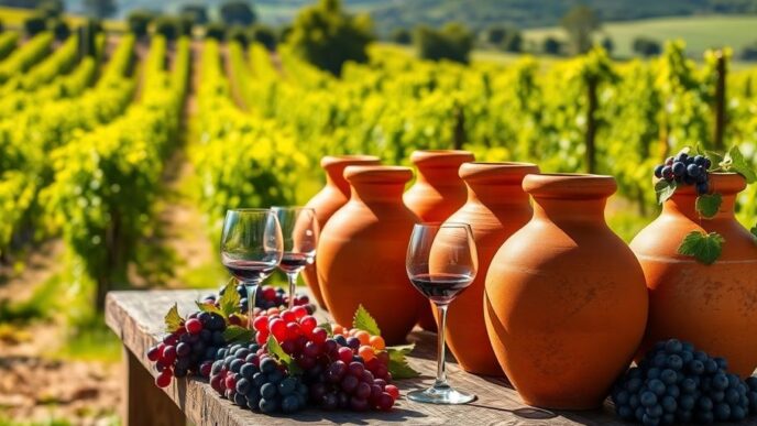 Clay amphorae and grapes in Alentejo vineyard setting.