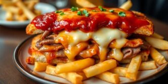 Delicious Francesinha with melted cheese and crispy fries.