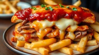 Delicious Francesinha with melted cheese and crispy fries.