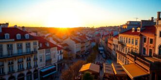 Lisbon cityscape with sunset, showcasing vibrant architecture and life.