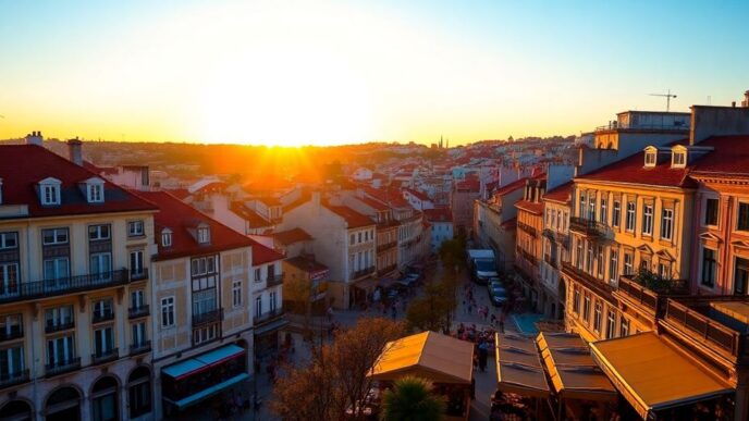 Lisbon cityscape with sunset, showcasing vibrant architecture and life.