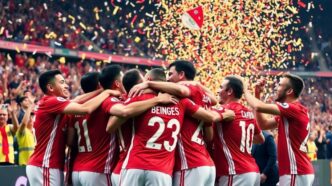 Benfica players celebrate victory with fans in stadium.