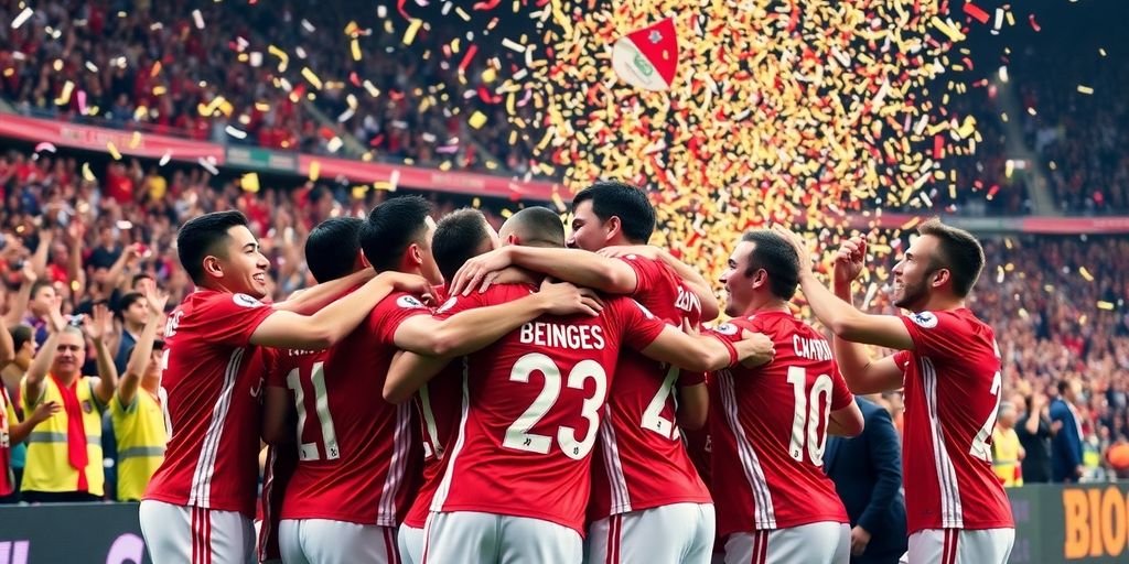 Benfica players celebrate victory with fans in stadium.