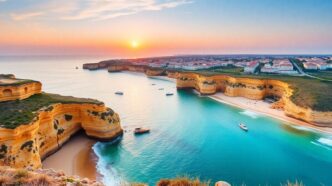 Coastal view of Algarve with cliffs and sunset.