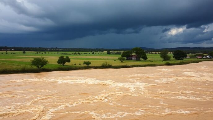 Flash floods in Alentejo, Portugal, with submerged landscape.