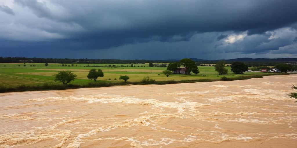 Flash floods in Alentejo, Portugal, with submerged landscape.