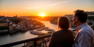 Porto riverside with wine cellars and sunset ambiance.