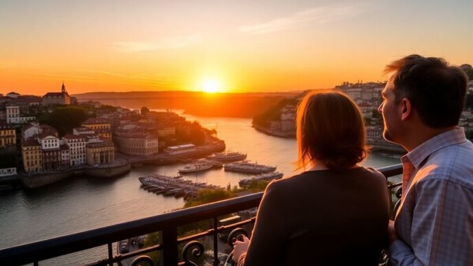 Porto riverside with wine cellars and sunset ambiance.