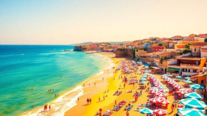 Portugal's beautiful coastline with beaches and tourists.