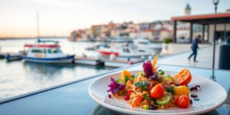 Colorful dish on a plate with Lisbon waterfront background.