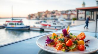 Colorful dish on a plate with Lisbon waterfront background.