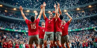 Portugal handball team celebrates victory over Brazil.