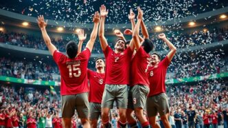 Portugal handball team celebrates victory over Brazil.