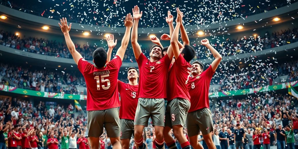 Portugal handball team celebrates victory over Brazil.