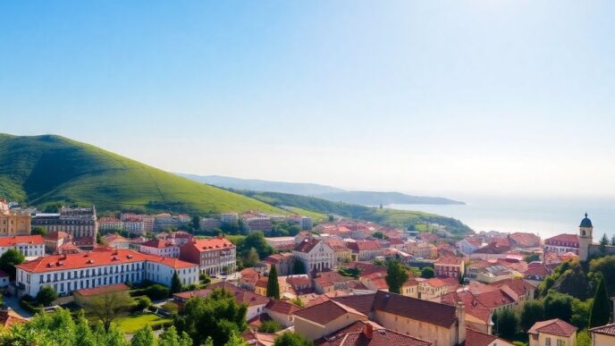 Vibrant landscape of Portugal with green hills and architecture.