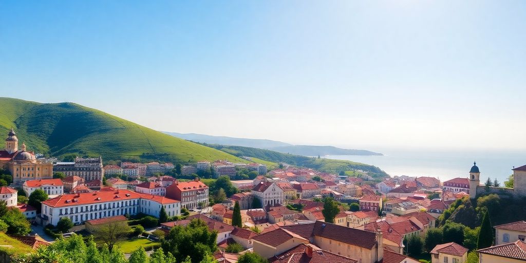 Vibrant landscape of Portugal with green hills and architecture.