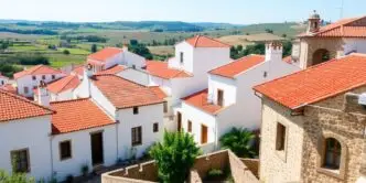 Traditional Alentejo houses with scenic landscape and greenery.