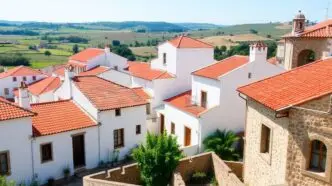 Traditional Alentejo houses with scenic landscape and greenery.