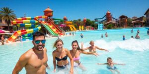 Colorful water slides and joyful families at Algarve waterpark.