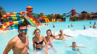 Colorful water slides and joyful families at Algarve waterpark.