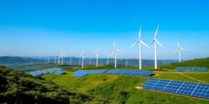 Wind turbines and solar panels in Portugal's landscape.