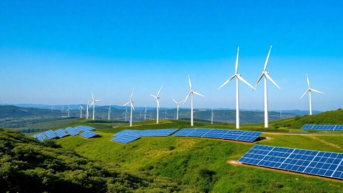 Wind turbines and solar panels in Portugal's landscape.