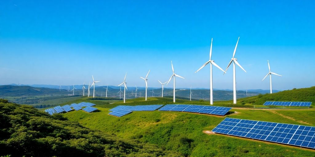 Wind turbines and solar panels in Portugal's landscape.