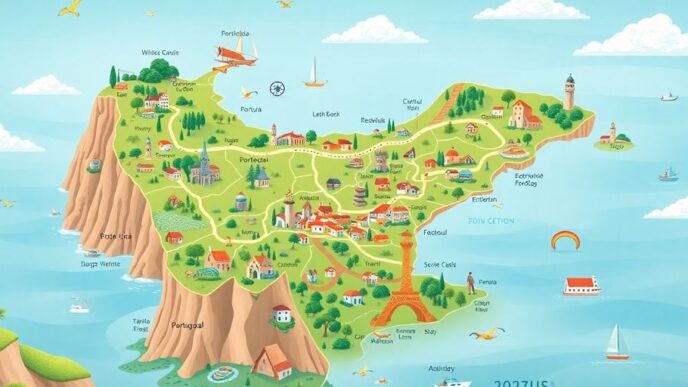 Colorful map of Portugal with highlighted scenic routes.