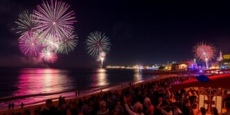 Fireworks illuminate Albufeira beach during New Year’s celebration.