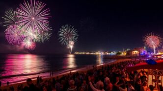 Fireworks illuminate Albufeira beach during New Year’s celebration.