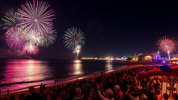 Fireworks illuminate Albufeira beach during New Year’s celebration.