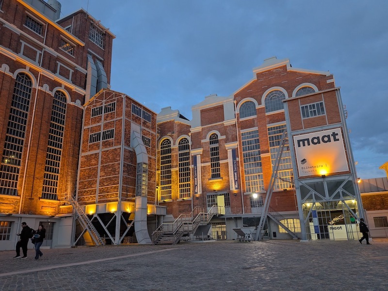 The MAAT museum in Lisbon seen in the evening with lights on