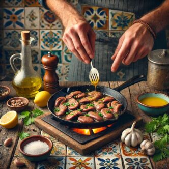 Sweetbreads being cooked in a pan in a traditional kitchen.