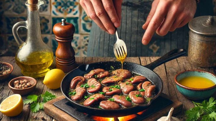 Sweetbreads being cooked in a pan in a traditional kitchen.