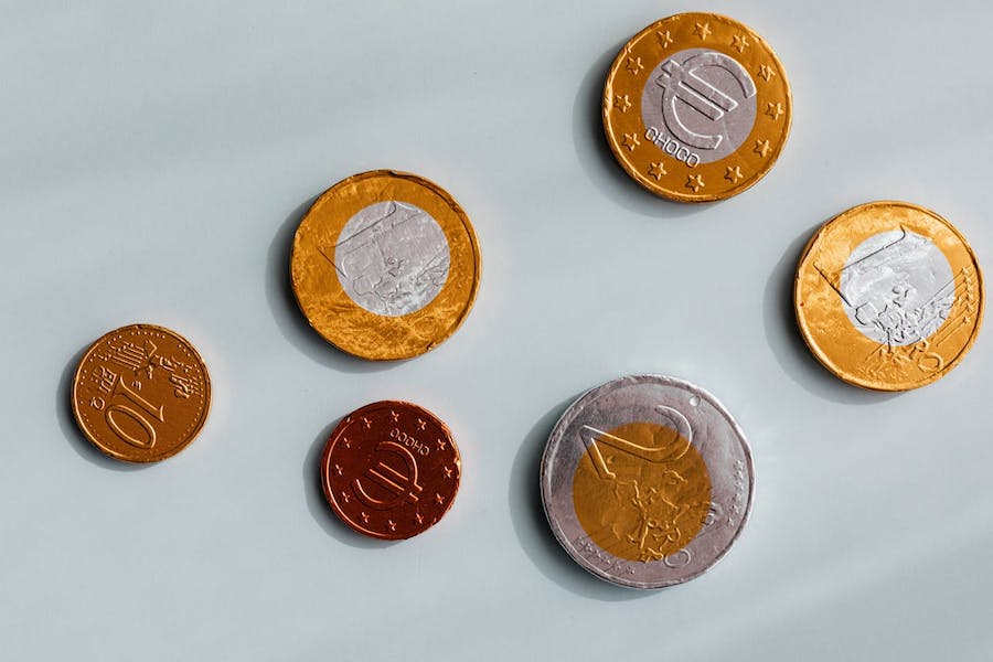 Euro coins of various denominations lie ona grey surface