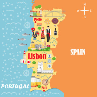 A map of Portugal with tourist locations marked